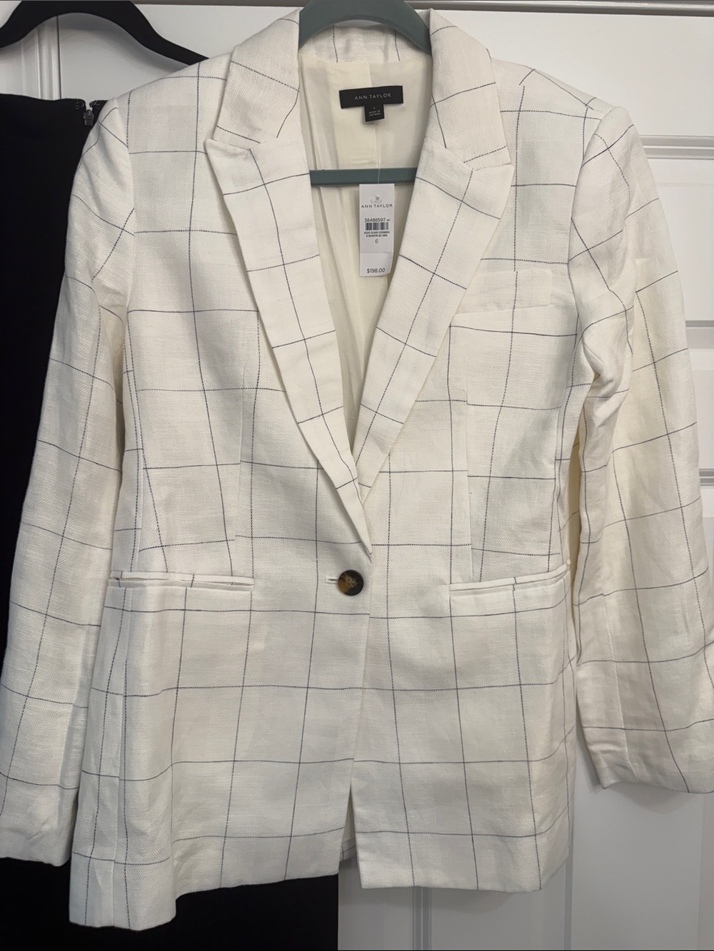 Ann Taylor White Windowpane Single-Button Linen Blazer